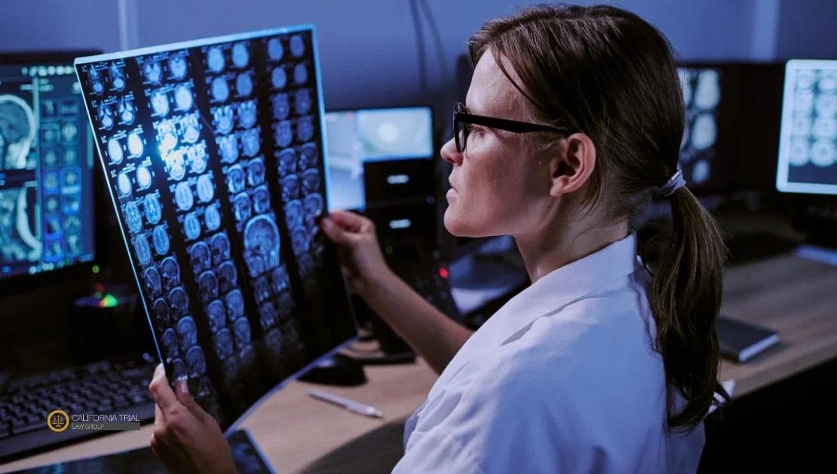 A radiologist in a white coat and glasses examines brain MRI scan films in a darkened medical imaging room, with multiple monitors displaying neurological scans in the background.