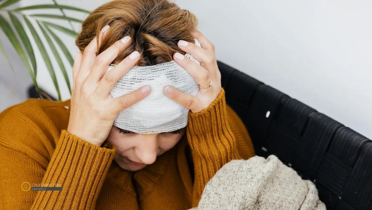 Injured woman with a bandaged head holding her head in pain